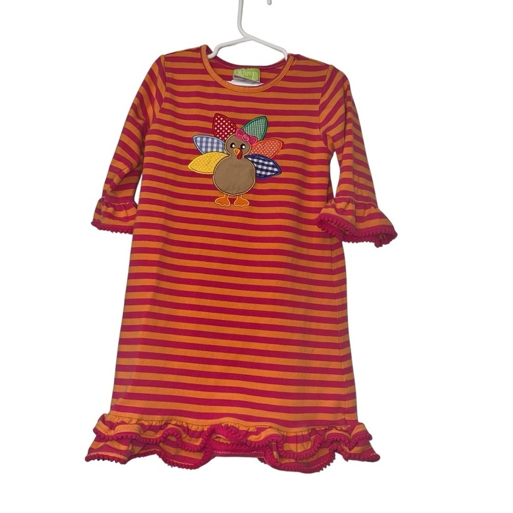 Classic Whimsy pink orange Striped Turkey Applique Dress Sz 6